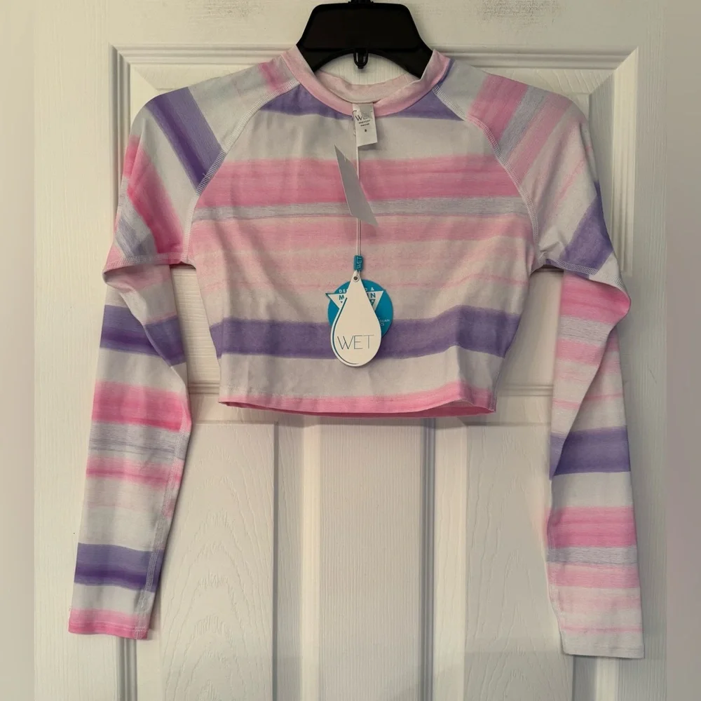 WET Swimwear Aruba Sia Striped Long Sleeve Women’s White & Pink Crop Top Size XS